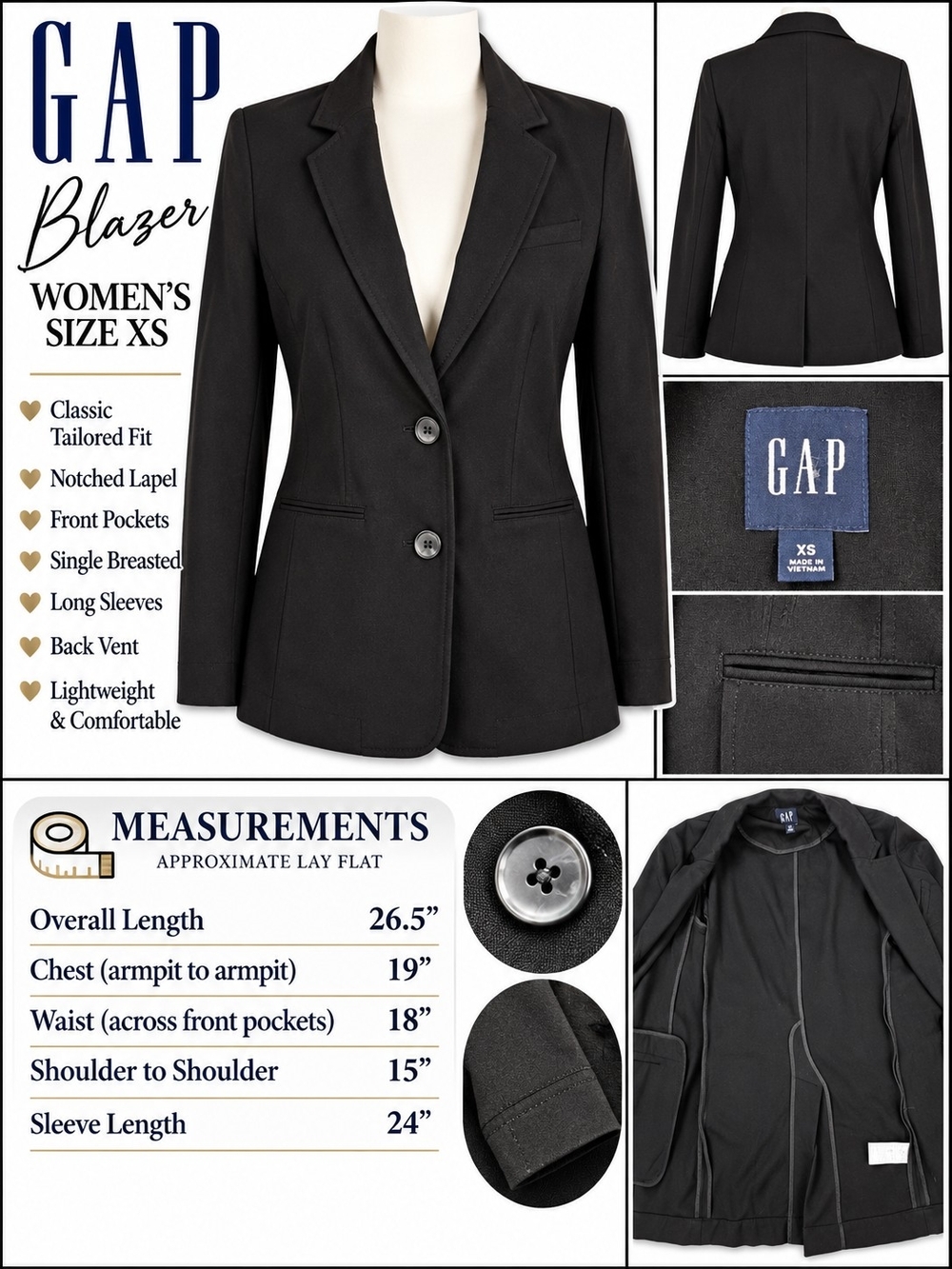 GAP Women's Black Single-Breasted Tailored Blazer